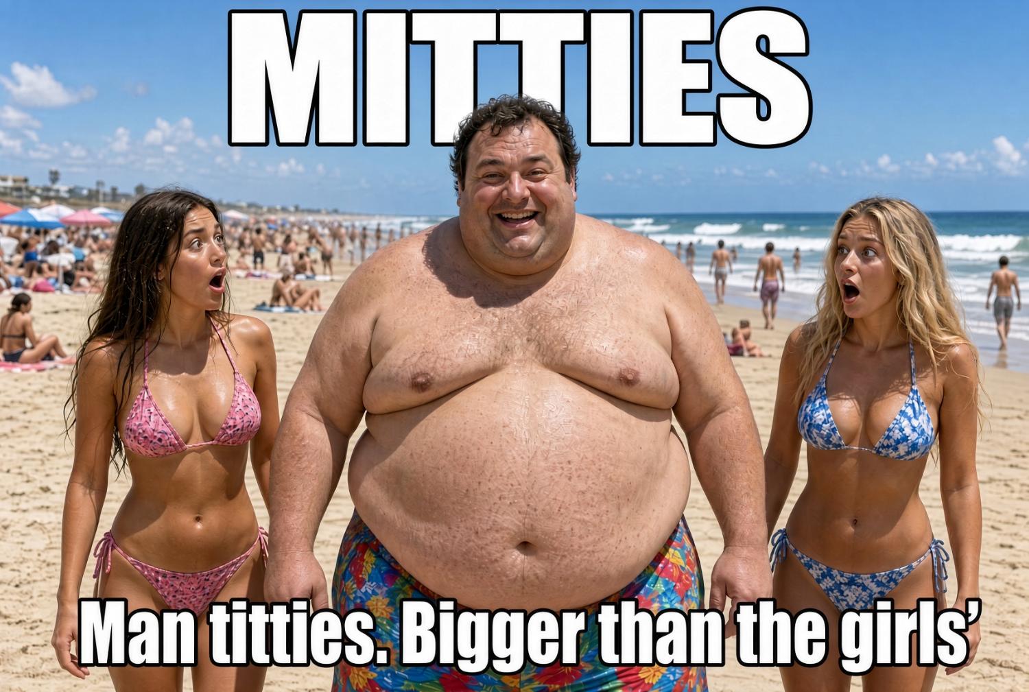 MITTIES beach meme — the same scene captioned Man titties. Bigger than the girls'