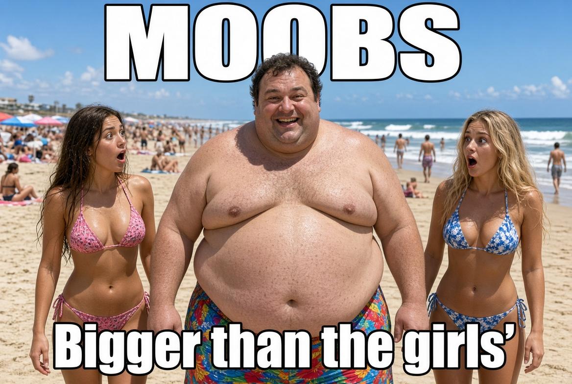 MOOBS beach meme — a large smiling man in floral trunks standing between two shocked women, captioned Bigger than the girls'