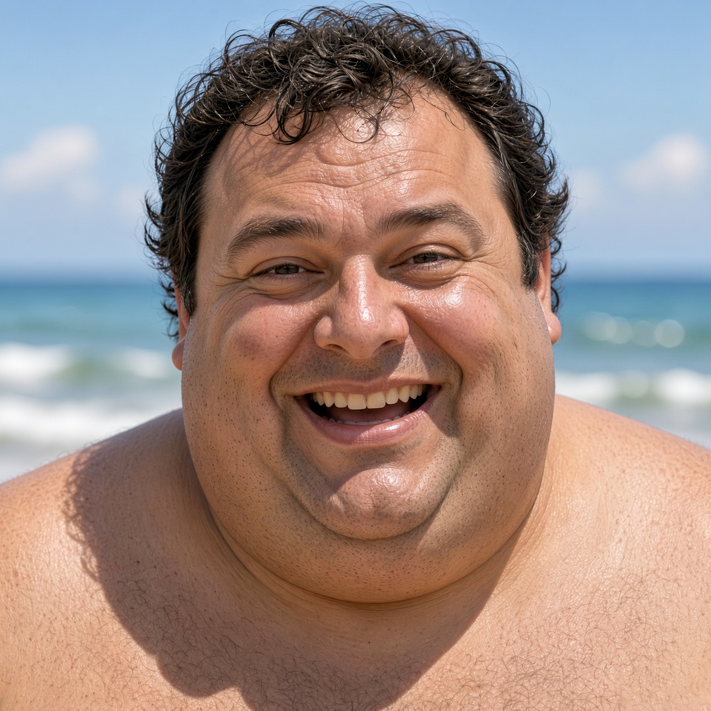 Close-up of the Mitties mascot smiling in bright beach sun